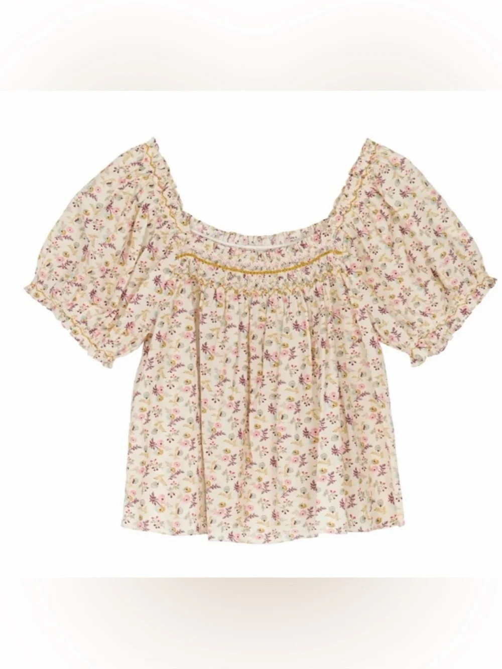 Doen Cream Floral Smocked Square-Neck Blouse